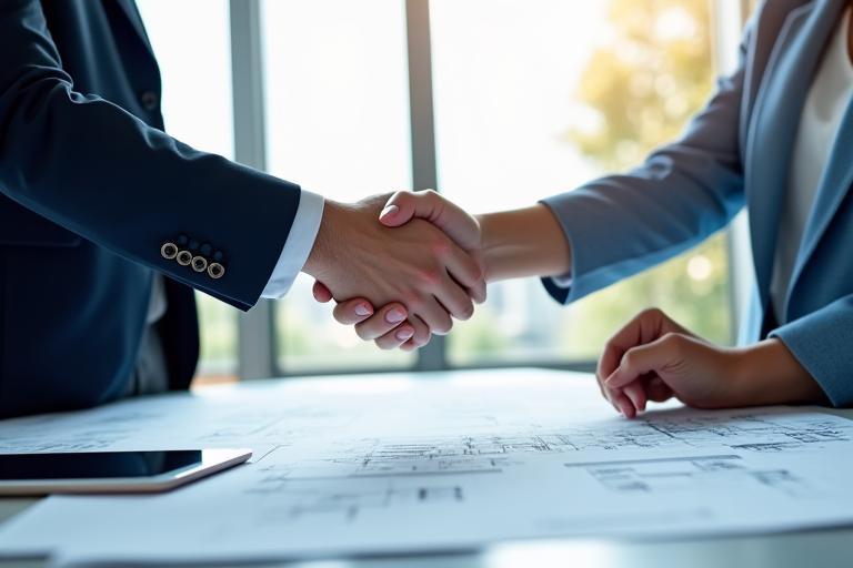 Two professionals shaking hands over architectural plans, symbolizing collaboration and agreement in construction