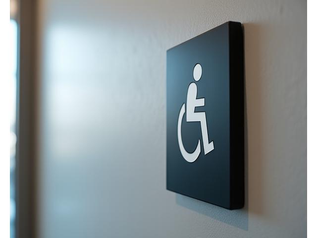 Universal restrooms sign with wheelchair access symbol.