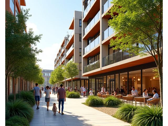 Modern mixed-use building with ground-floor shops and apartments above.