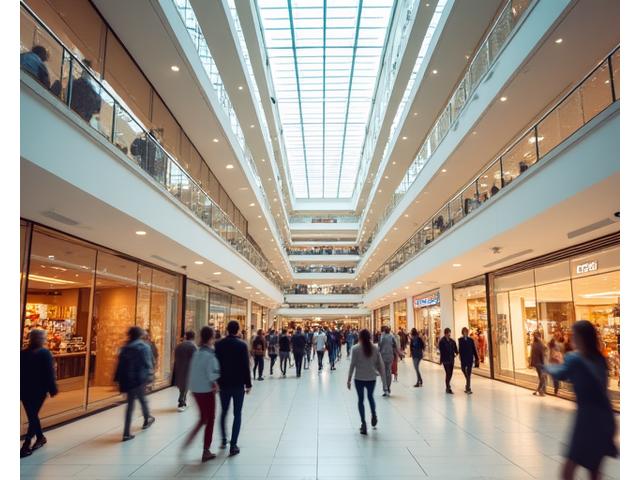Bustling modern shopping mall interior.