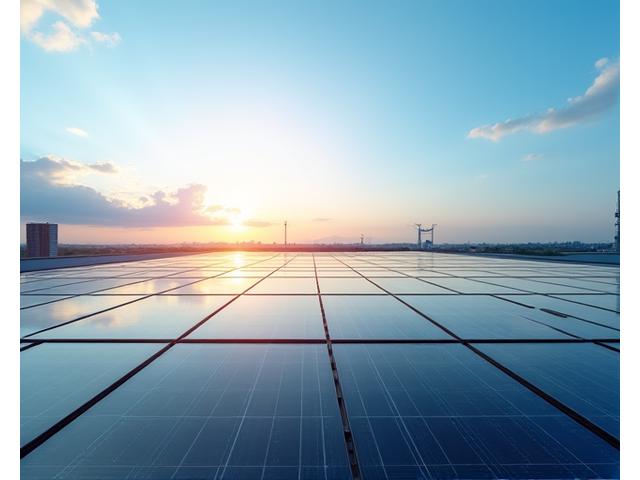 Solar panels on a commercial building roof with a clear sky.