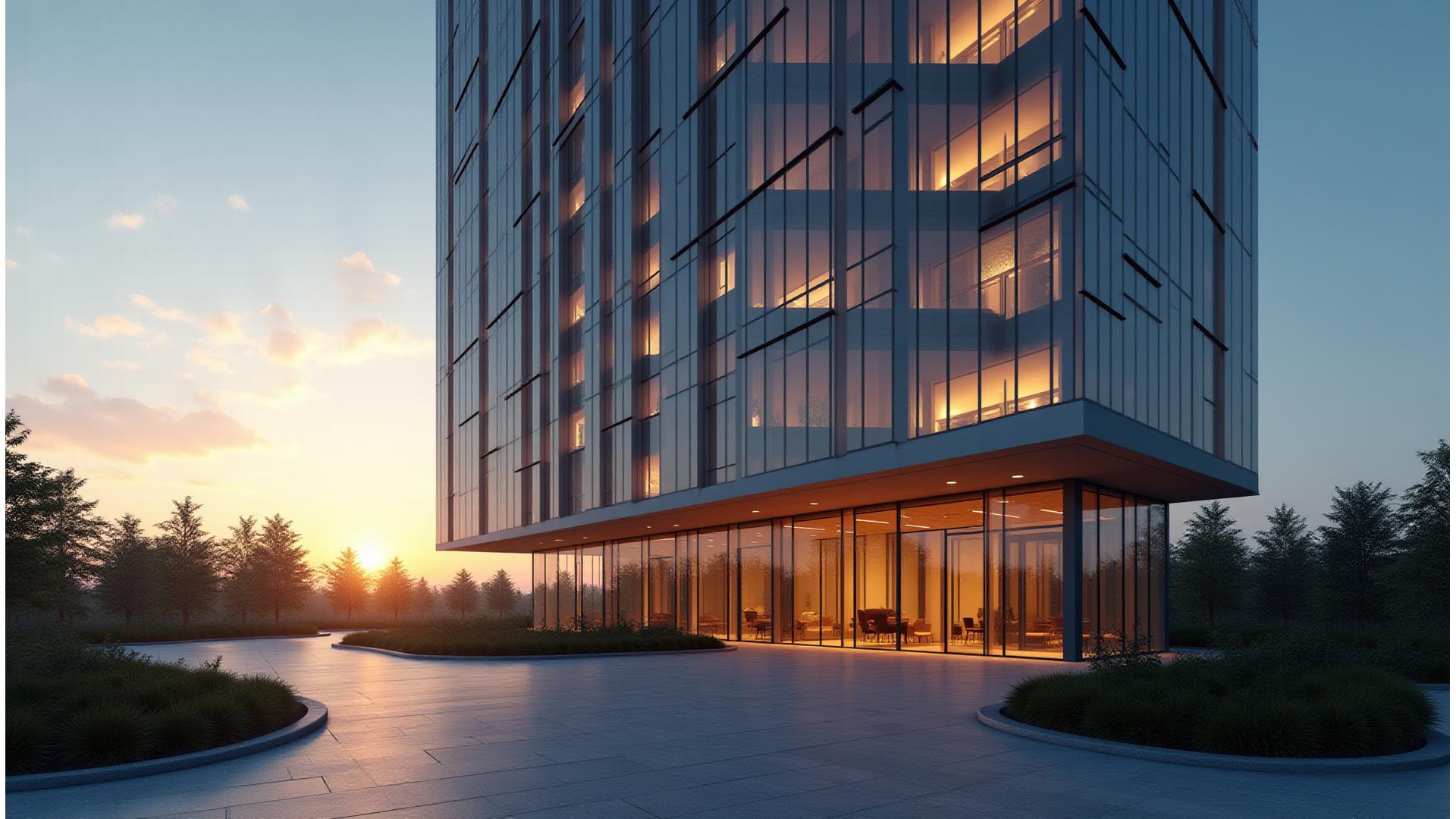 Modern commercial building exterior at dawn, representing expert construction capabilities.