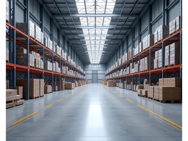 Large, modern industrial warehouse with high ceilings and skylights.