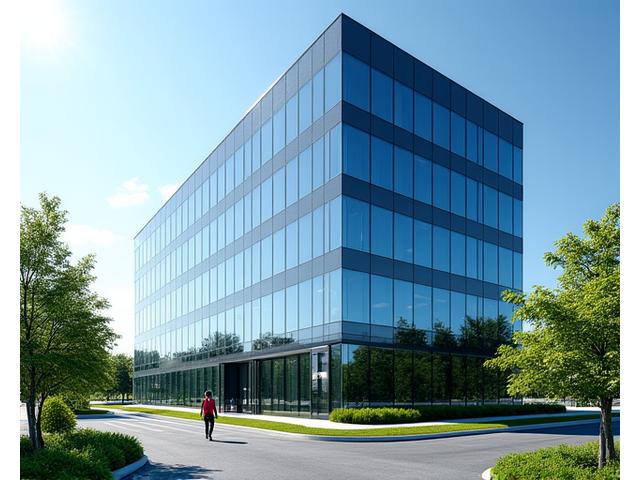Modern office building with large glass windows, green surroundings.