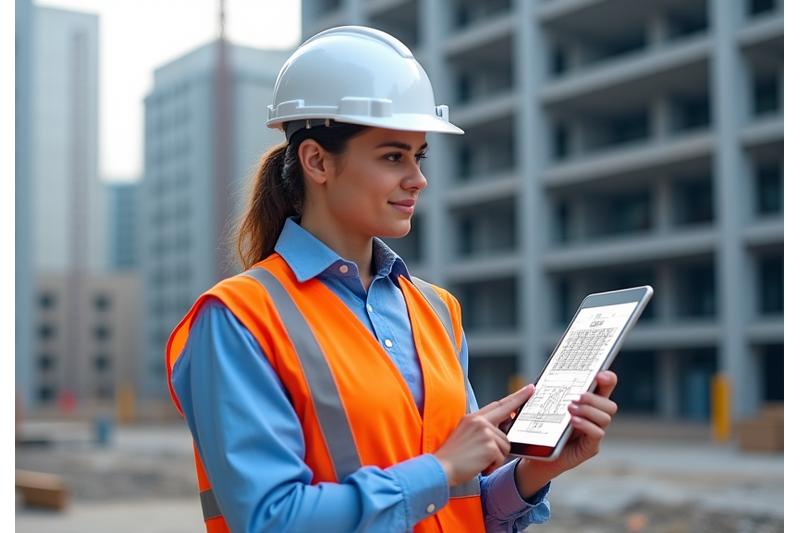 Architect reviewing blueprints on a construction site with a tablet.