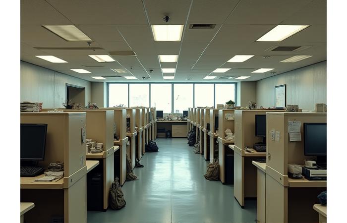 Before: Outdated office interior with cubicles.