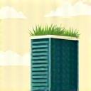 Illustration of clean air particles around a building with a green roof