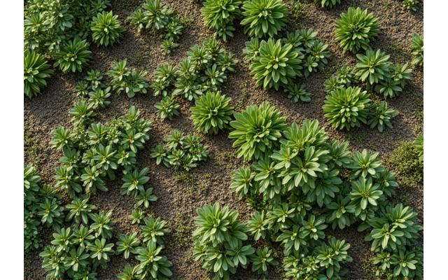 Extensive green roof with sedum and drought-tolerant plants, low maintenance.