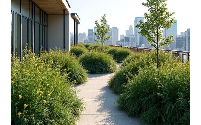Intensive green roof with diverse plants, shrubs, and pathways, resembling a park.