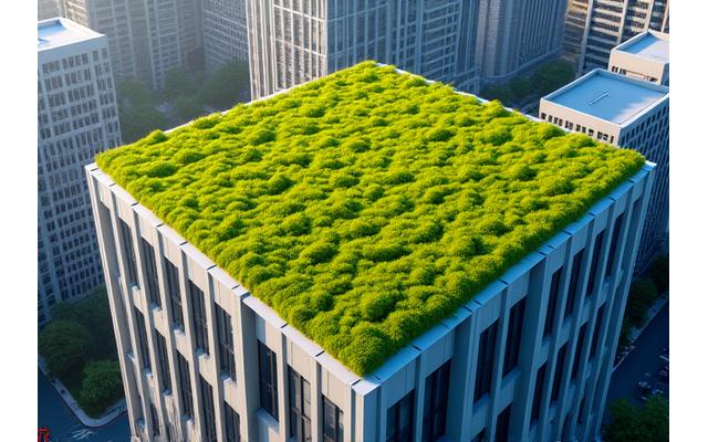 Commercial building with a large extensive green roof, showing a vast expanse of sedum plants.