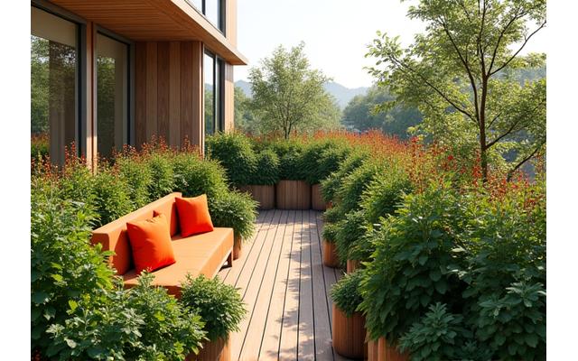 Residential building with a lush intensive green roof designed as a garden with seating area.
