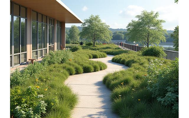 School building with a green roof featuring educational plots and a small outdoor classroom space.