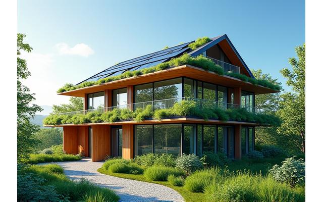 Eco-friendly building with solar panels and green roof