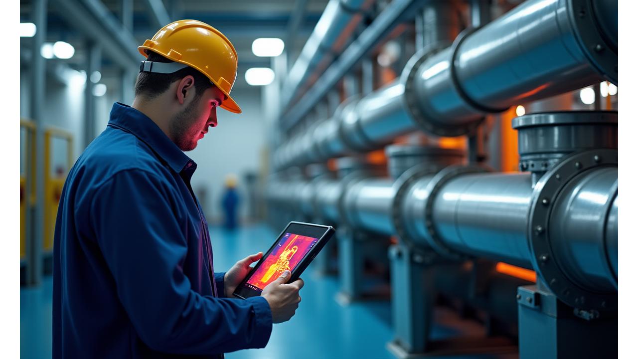A technical expert actively assessing a pipe insulation system within an industrial plant using a tablet and thermal imaging camera.