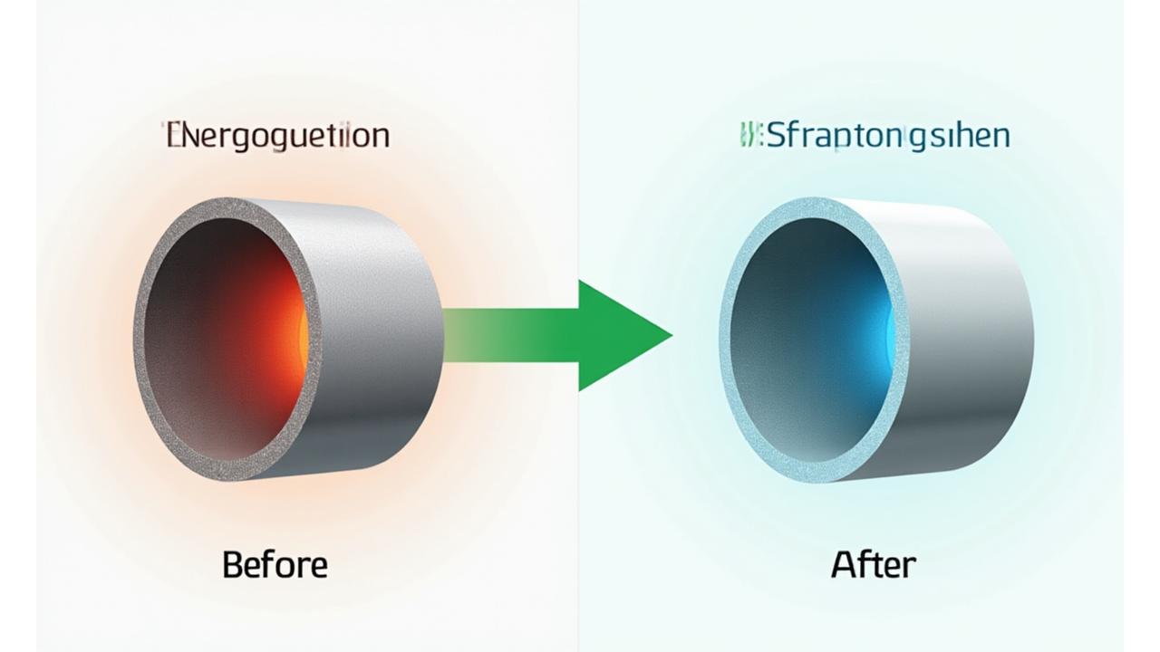 Infographic showing energy savings with insulated pipes, before and after comparison, with green arrows indicating efficiency gain.
