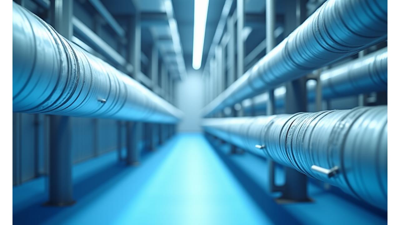 Modern industrial facility interior with expertly insulated pipes and machinery, showcasing clean lines and efficiency.