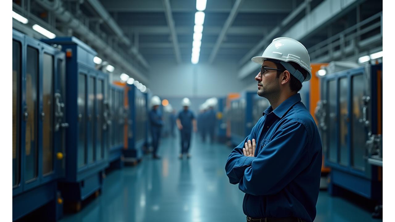 Industrial worker in a quieter section of a factory, showcasing acoustic panels on walls and insulated machinery. Indicating a reduction in noise pollution.