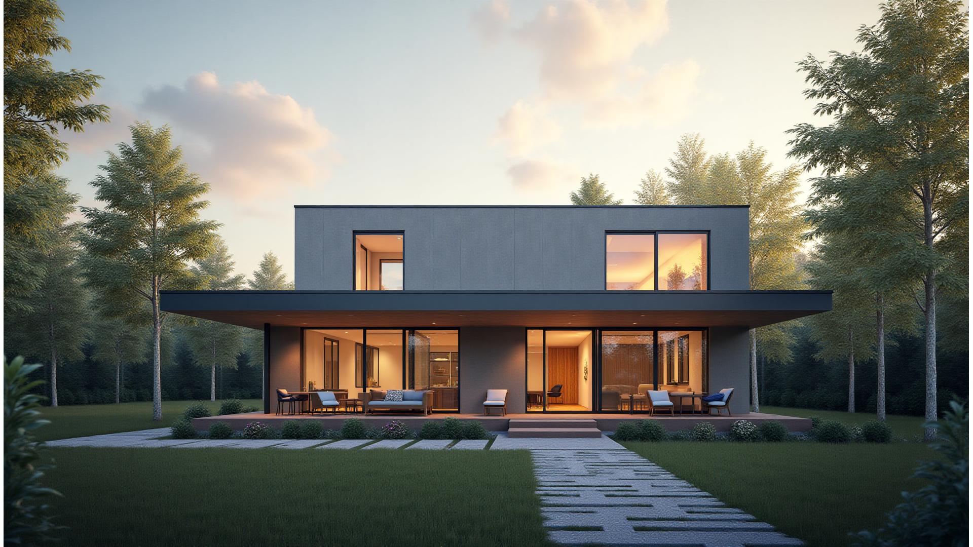 Modern Passive House exterior with large windows and solar panels, bathed in soft morning light, showcasing sustainable design