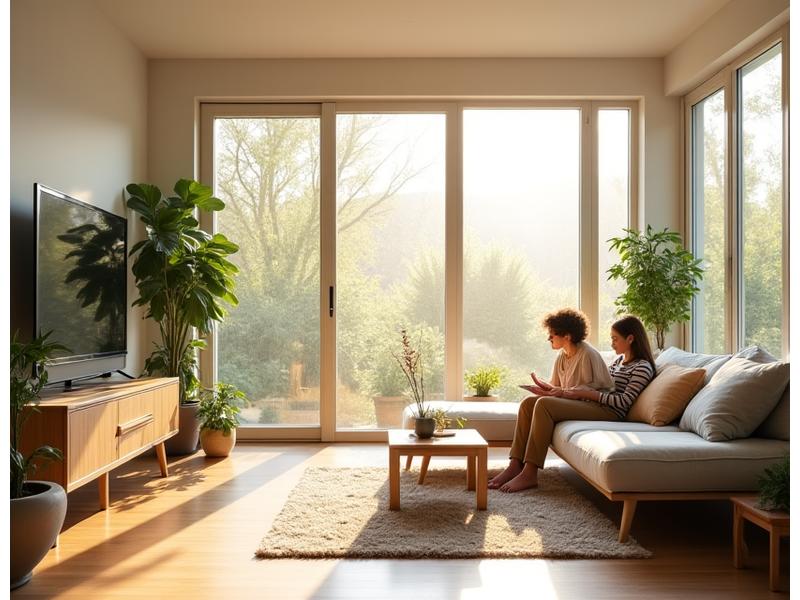 Bright, airy interior of a Passive House, showing a family enjoying comfortable, clean living space, with subtle indicators of air quality monitoring