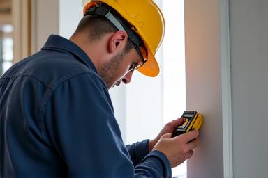Construction crew performing quality assurance checks with measuring tools on a partially built Passive House, ensuring precision