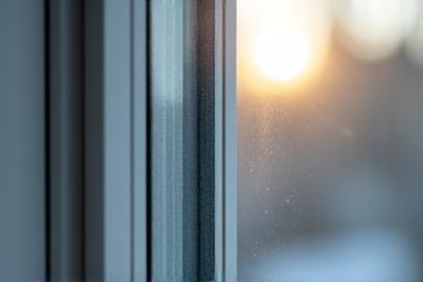 Close-up of a triple-pane window with a robust, insulated frame, showcasing high-performance glazing