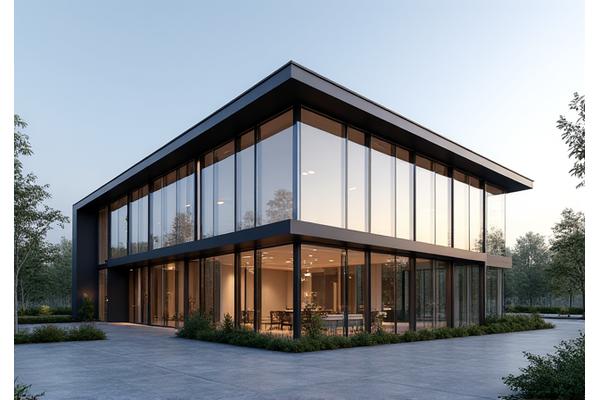 Sleek commercial office building designed to Passive House standards, featuring a modern glass facade