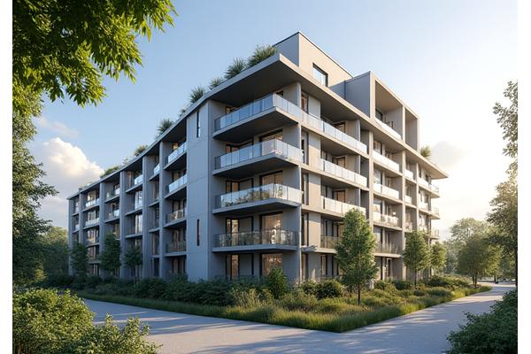 Contemporary multi-family Passive House apartment complex with balconies and green spaces