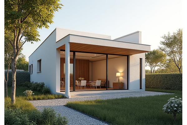 Modern single-family Passive House with a minimalist design, surrounded by natural landscaping