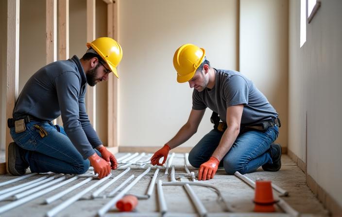Construction crew precisely laying radiant heating tubing within a subfloor before concrete pour