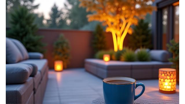 A cozy outdoor patio with unseen radiant heating making it comfortable in cooler weather
