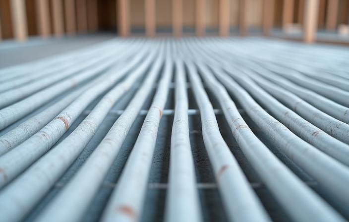 Close-up of radiant floor heating pipes being installed on a subfloor, illustrating precision and modern technology.