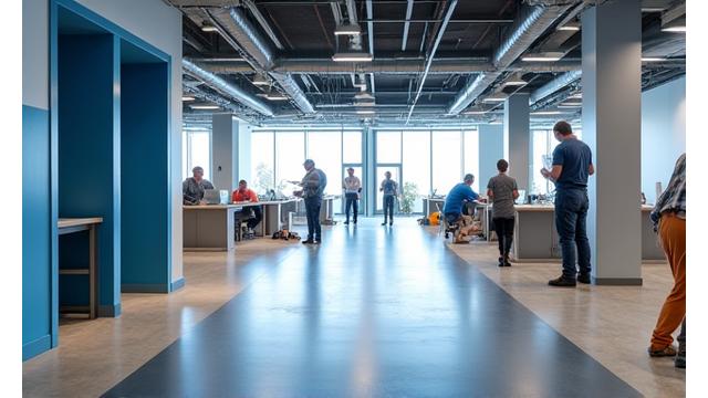 Bustling commercial office undergoing modern renovation with new flooring