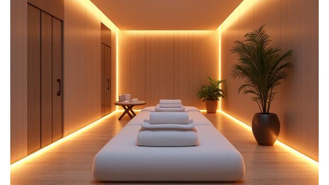 Serene spa treatment room with warm, inviting floors and lighting