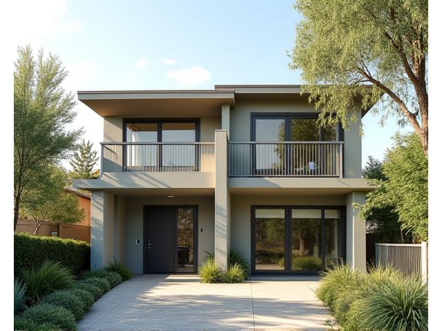 Sustainable duplex with solar panels on the roof and a green landscape.