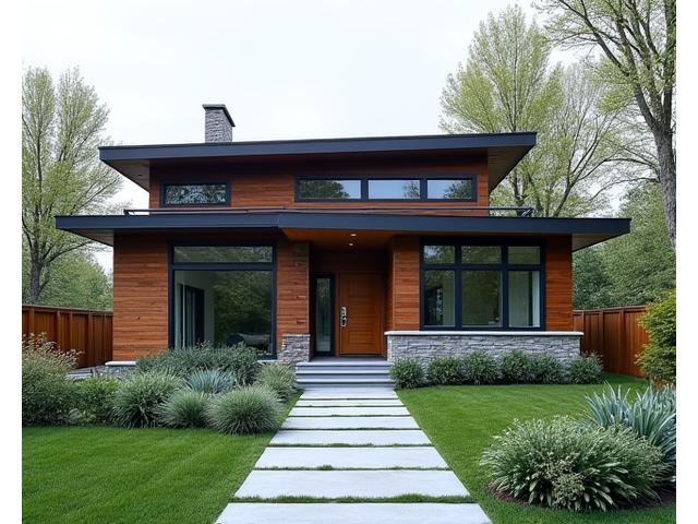 Modern single-family home with large windows and clean lines, surrounded by landscaped garden.