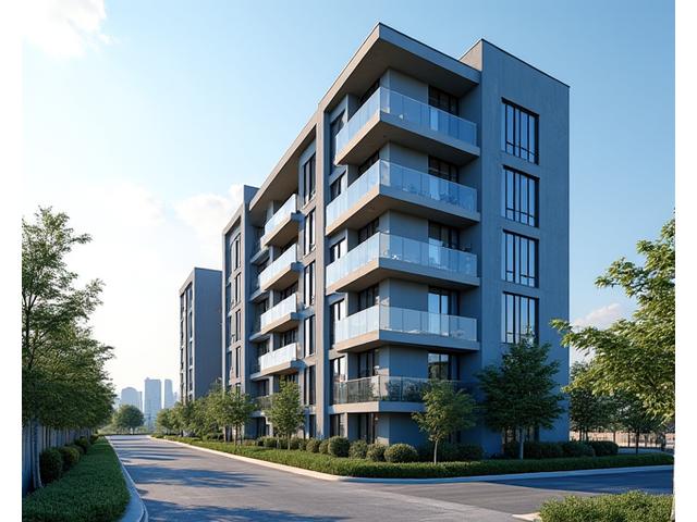 Multi-story modern apartment building complex with balconies overlooking a river.