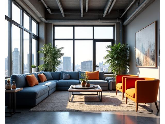 Before and after of a stylish urban loft living room renovation, showing modern furniture and improved lighting.