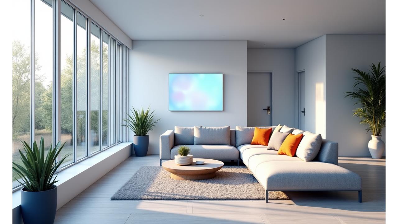 Modern smart home living room with integrated technology, sleek design, and natural light