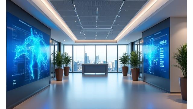 Contemporary office space showing integrated smart lighting, climate control, and digital signage