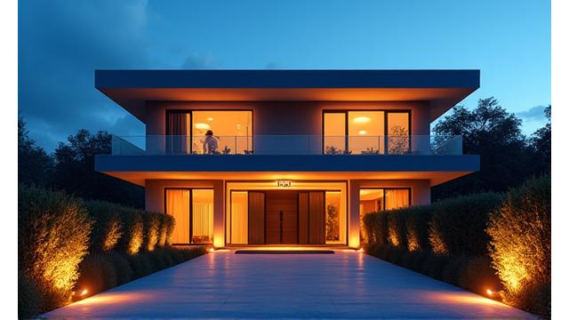 Luxury villa with seamlessly integrated smart home technology, visible smart lighting and security cameras