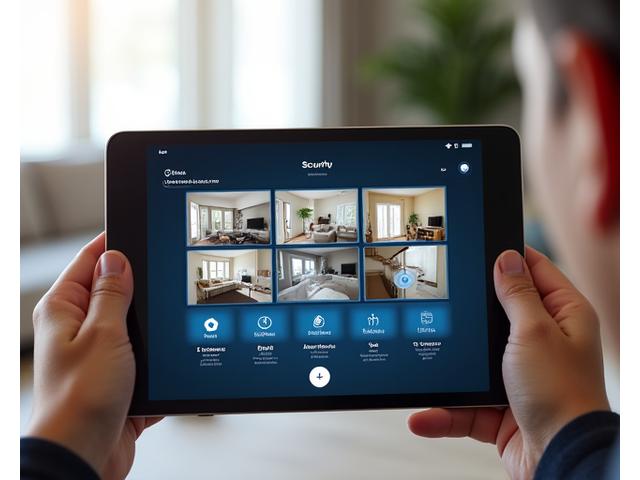 User interface of a smart home security app on a tablet, showing live camera feeds and security settings