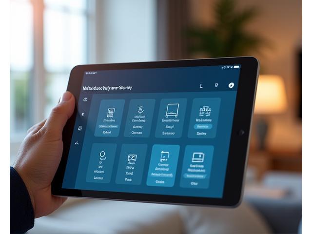 Digital interface displaying home automation dashboard with icons for lighting, climate, security