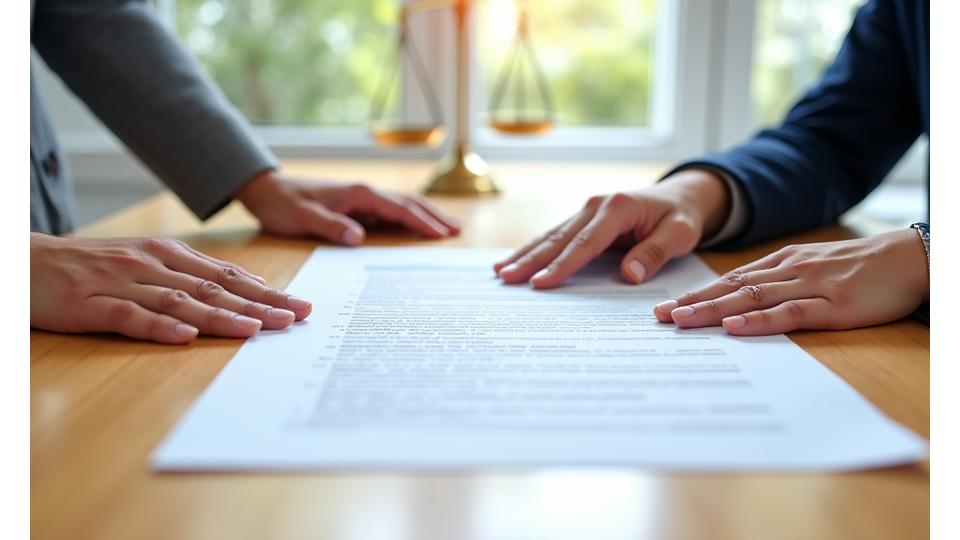 Illustration of two hands meeting over a document with a subtle balance scale in the background, symbolizing fair dispute resolution.