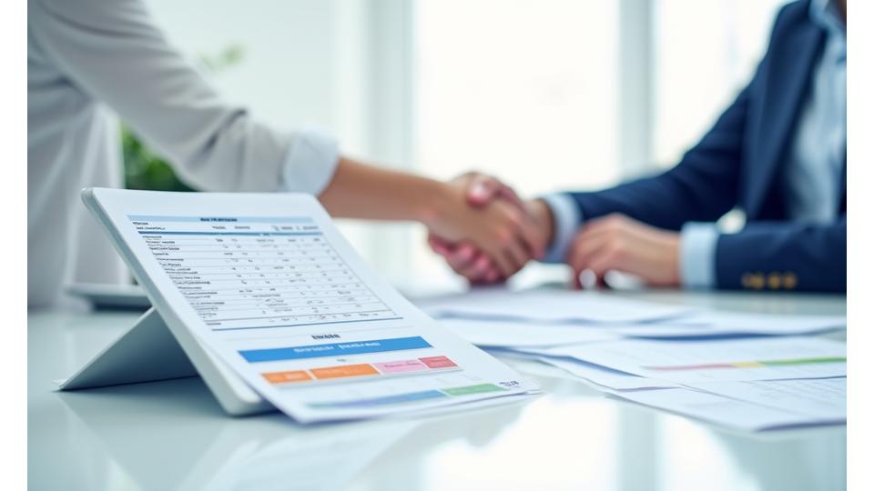 Illustration of financial documents, a calculator, and a handshake, symbolizing clear and honest billing practices in construction.